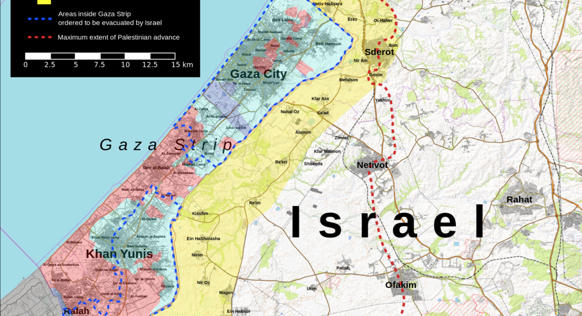 Ecrusized, influenced by user Rr016. - Own work, Israeli military presence in Gaza Strip citing Institute for the Study of War & Critical Threats Project. Maximum Palestinian advance citing NYT & WSJ. Made using OpenTopoMap data. CC BY-SA 4.0 File:October 2023 Gaza−Israel conflict.svg Created: 8 October 2023 Uploaded: 1 June 2024