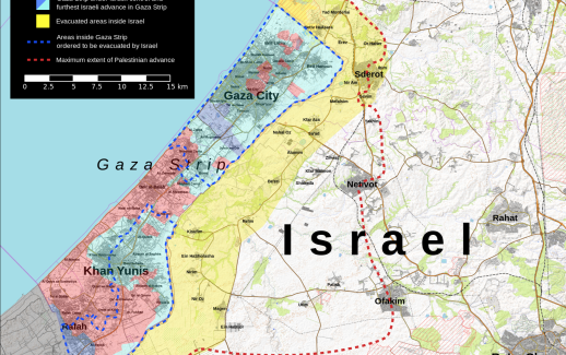 Ecrusized, influenced by user Rr016. - Own work, Israeli military presence in Gaza Strip citing Institute for the Study of War & Critical Threats Project. Maximum Palestinian advance citing NYT & WSJ. Made using OpenTopoMap data. CC BY-SA 4.0 File:October 2023 Gaza−Israel conflict.svg Created: 8 October 2023 Uploaded: 1 June 2024